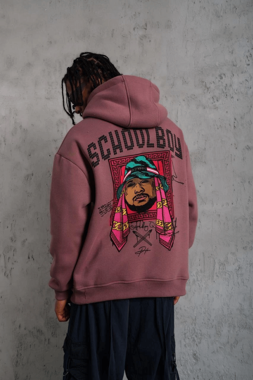Erkek 3 İplik Pamuklu Kapüşonlu Baskılı Cepli Oversize Sweatshirt Hoodie - Gül Kurusu
