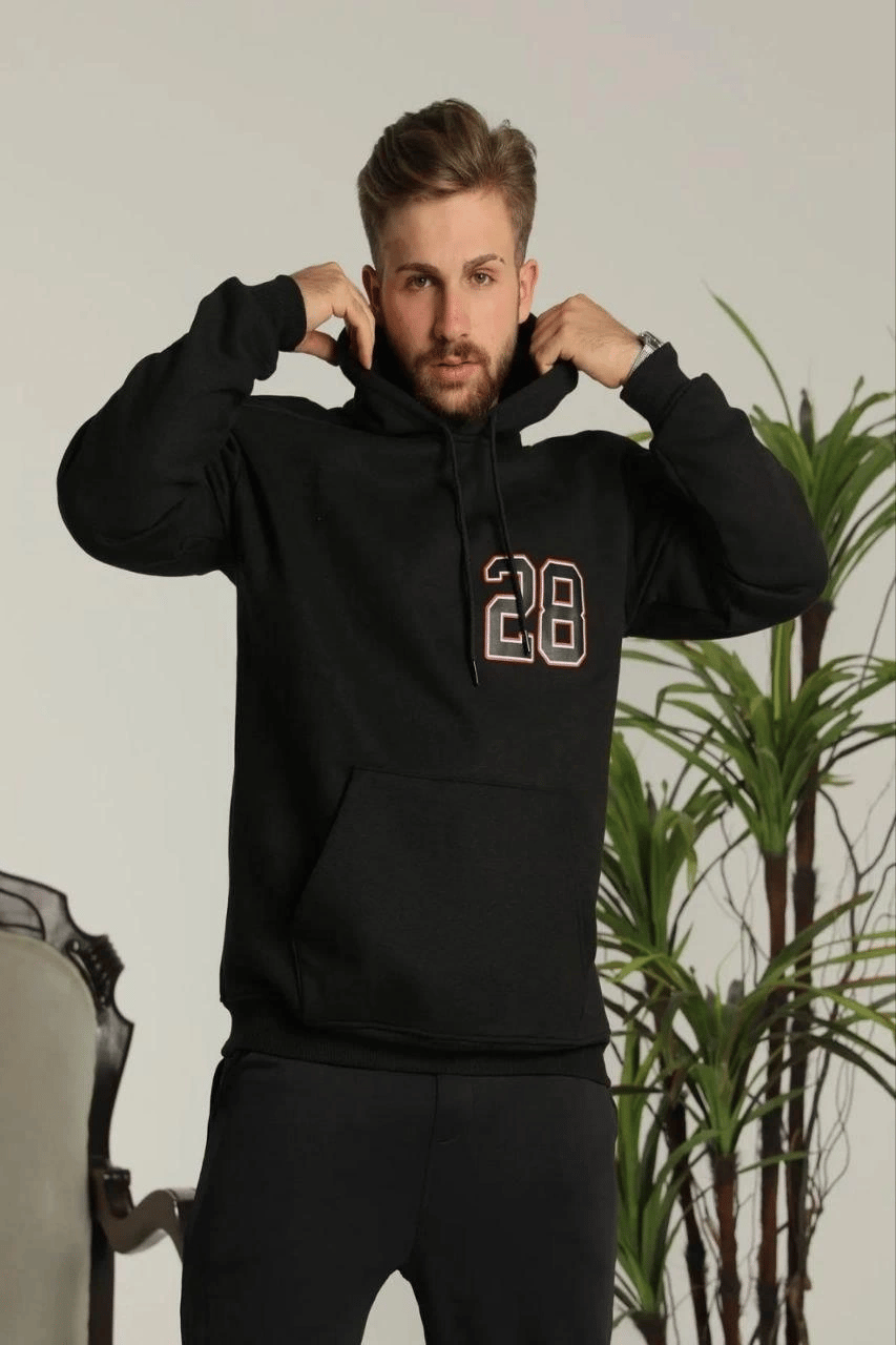 Erkek 3 İplik Pamuklu Kapüşonlu Baskılı Cepli Oversize Sweatshirt Hoodie - Siyah