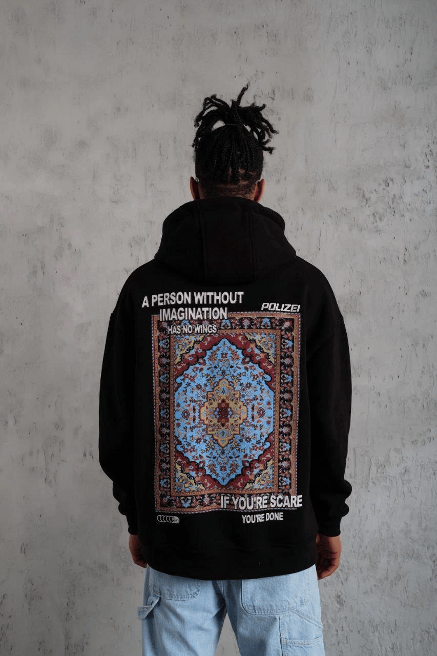 Erkek 3 İplik Pamuklu Kapüşonlu Baskılı Cepli Oversize Sweatshirt Hoodie - Siyah