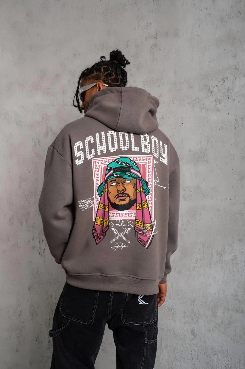 Erkek 3 İplik Pamuklu Kapüşonlu Baskılı Cepli Oversize Sweatshirt Hoodie - Gri