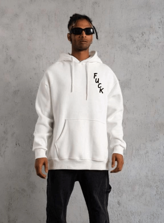 Erkek 3 İplik Pamuklu Kapüşonlu Baskılı Cepli Oversize Sweatshirt Hoodie - Beyaz