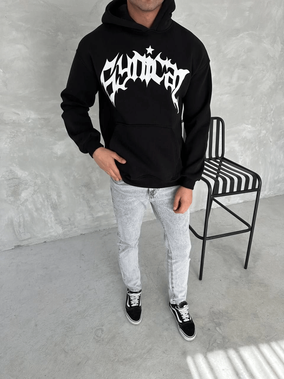 Erkek 3 İplik Pamuklu Kapüşonlu Baskılı Cepli Oversize Sweatshirt Hoodie - Siyah