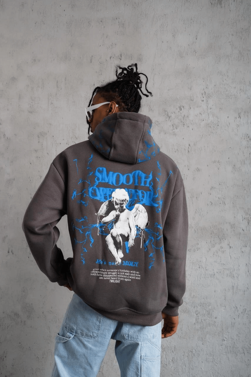 Erkek 3 İplik Pamuklu Kapüşonlu Baskılı Cepli Oversize Sweatshirt Hoodie - Gri