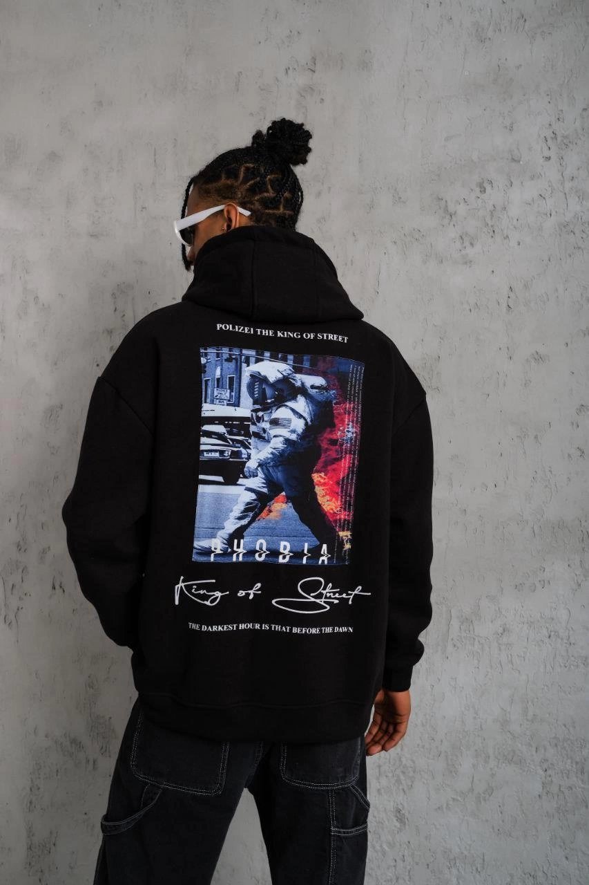 Erkek 3 İplik Pamuklu Kapüşonlu Baskılı Cepli Oversize Sweatshirt Hoodie - Siyah