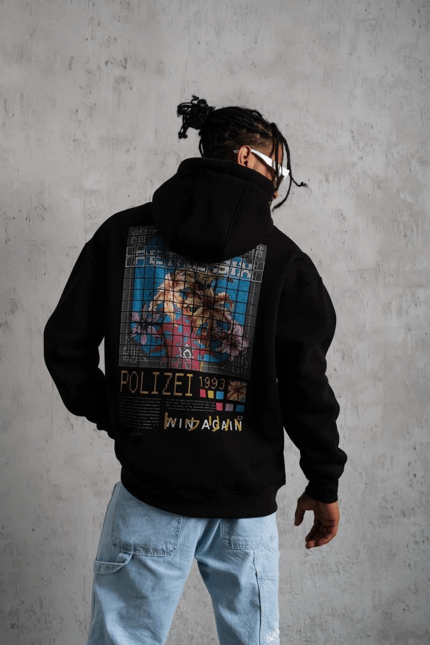 Erkek 3 İplik Pamuklu Kapüşonlu Baskılı Cepli Oversize Sweatshirt Hoodie - Siyah