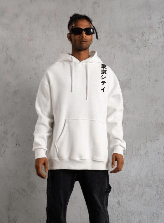 Erkek 3 İplik Pamuklu Kapüşonlu Baskılı Cepli Oversize Sweatshirt Hoodie - Beyaz