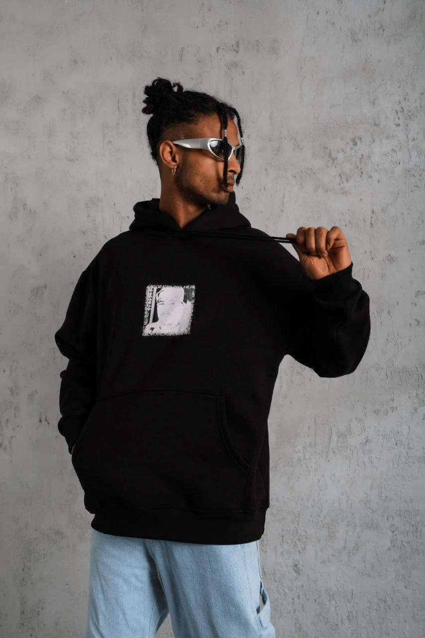 Erkek 3 İplik Pamuklu Kapüşonlu Baskılı Cepli Oversize Sweatshirt Hoodie - Siyah