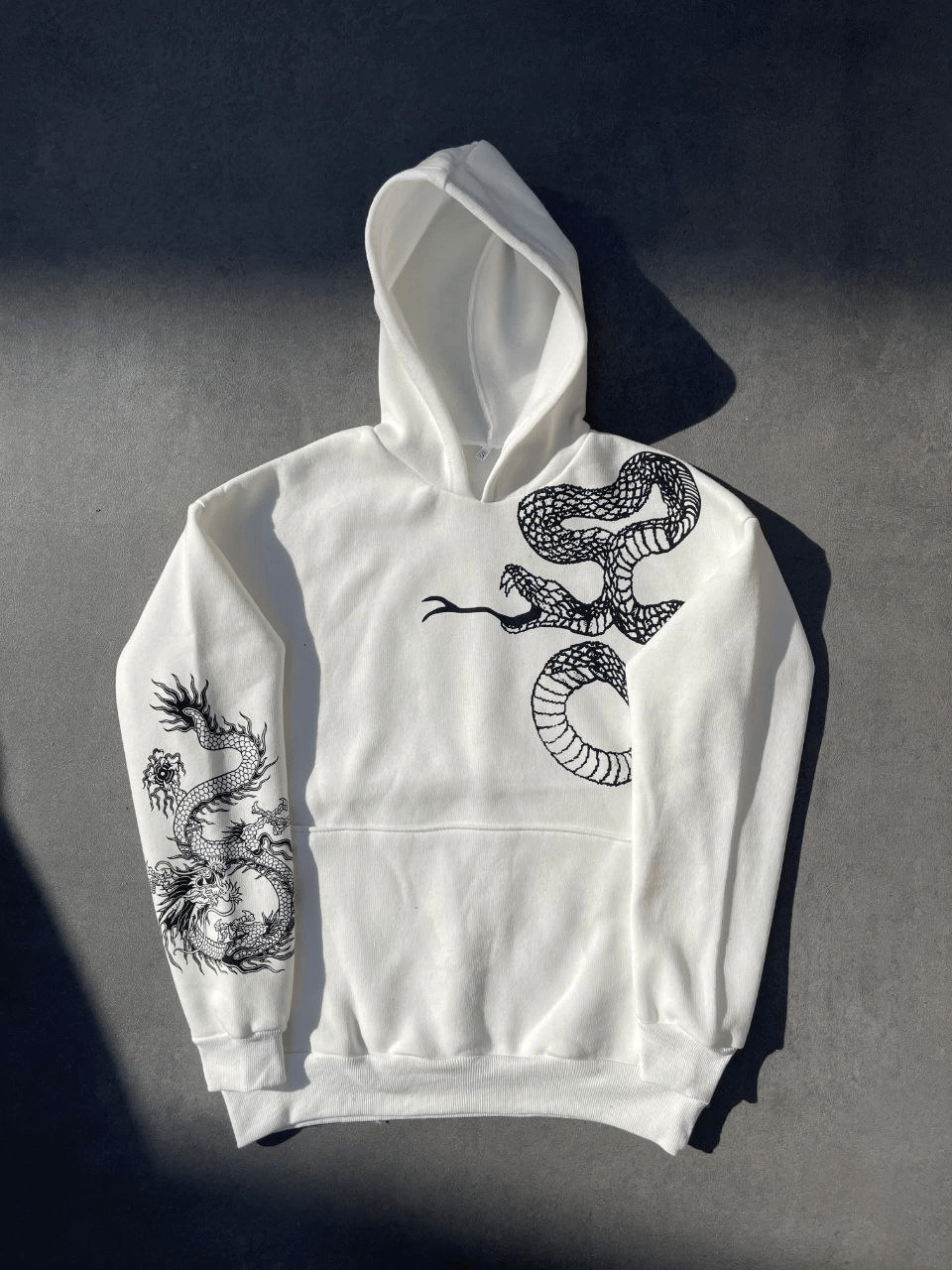 Erkek 3 İplik Pamuklu Kapüşonlu Baskılı Cepli Oversize Sweatshirt Hoodie - Beyaz