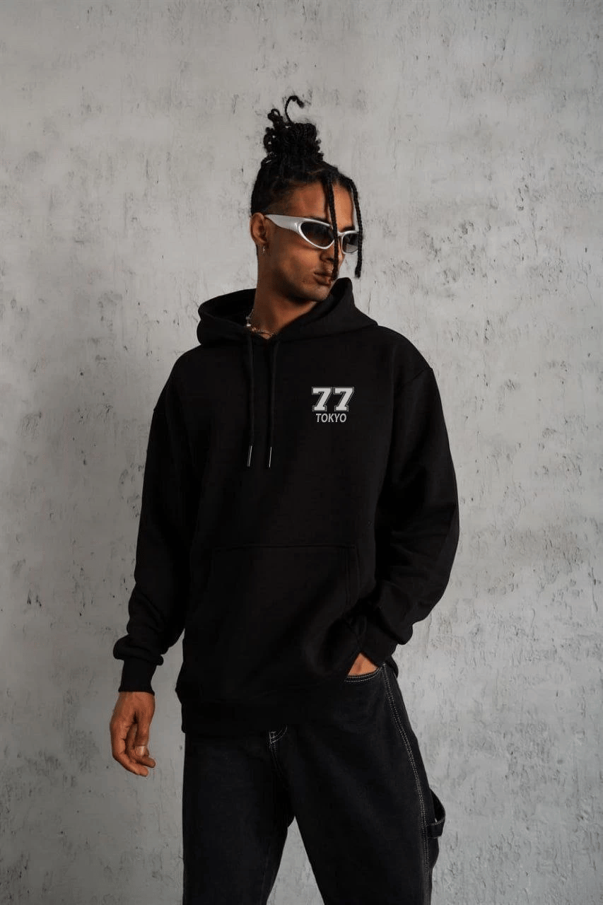 Erkek 3 İplik Pamuklu Kapüşonlu Baskılı Cepli Oversize Sweatshirt Hoodie - Siyah