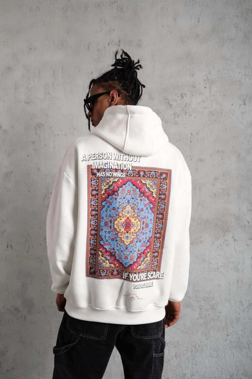 Erkek 3 İplik Pamuklu Kapüşonlu Baskılı Cepli Oversize Sweatshirt Hoodie - Beyaz