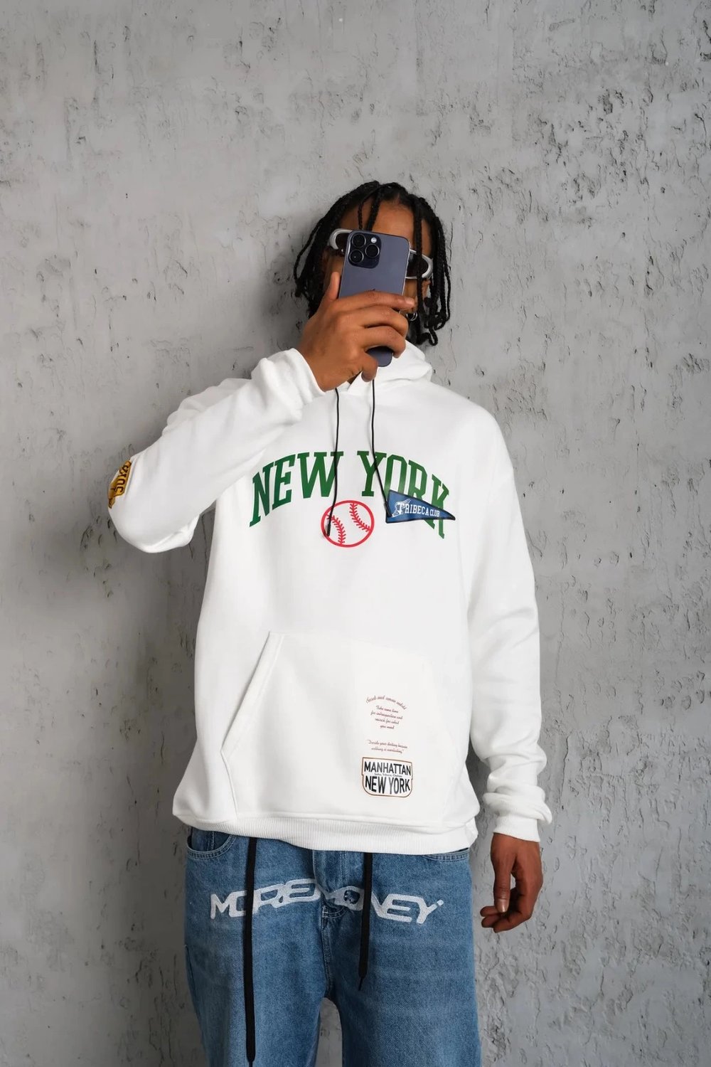 Erkek 3 İplik Pamuklu Kapüşonlu Baskılı Cepli Oversize Sweatshirt Hoodie - Beyaz