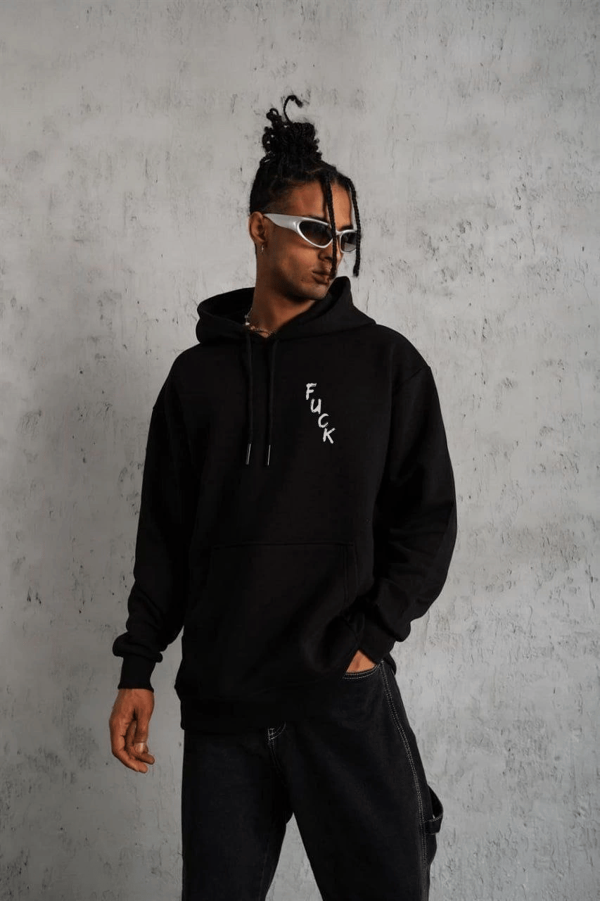 Erkek 3 İplik Pamuklu Kapüşonlu Baskılı Cepli Oversize Sweatshirt Hoodie - Siyah