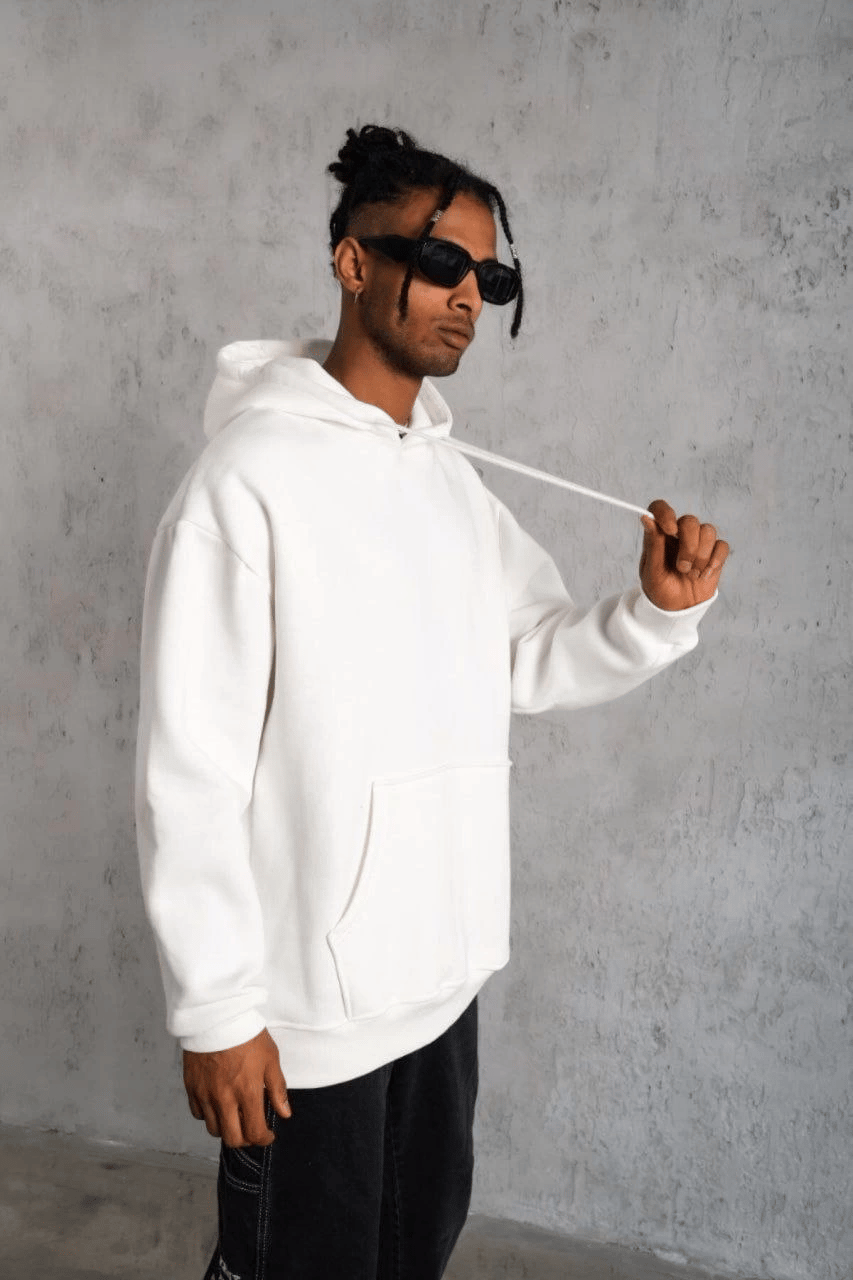 Erkek 3 İplik Pamuklu Kapüşonlu Cepli Düz Oversize Hoodie Sweatshirt - Beyaz