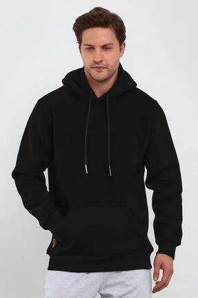 Erkek 3 İplik Pamuklu Kapüşonlu Cepli Oversize Hoodie Sweatshirt - Siyah