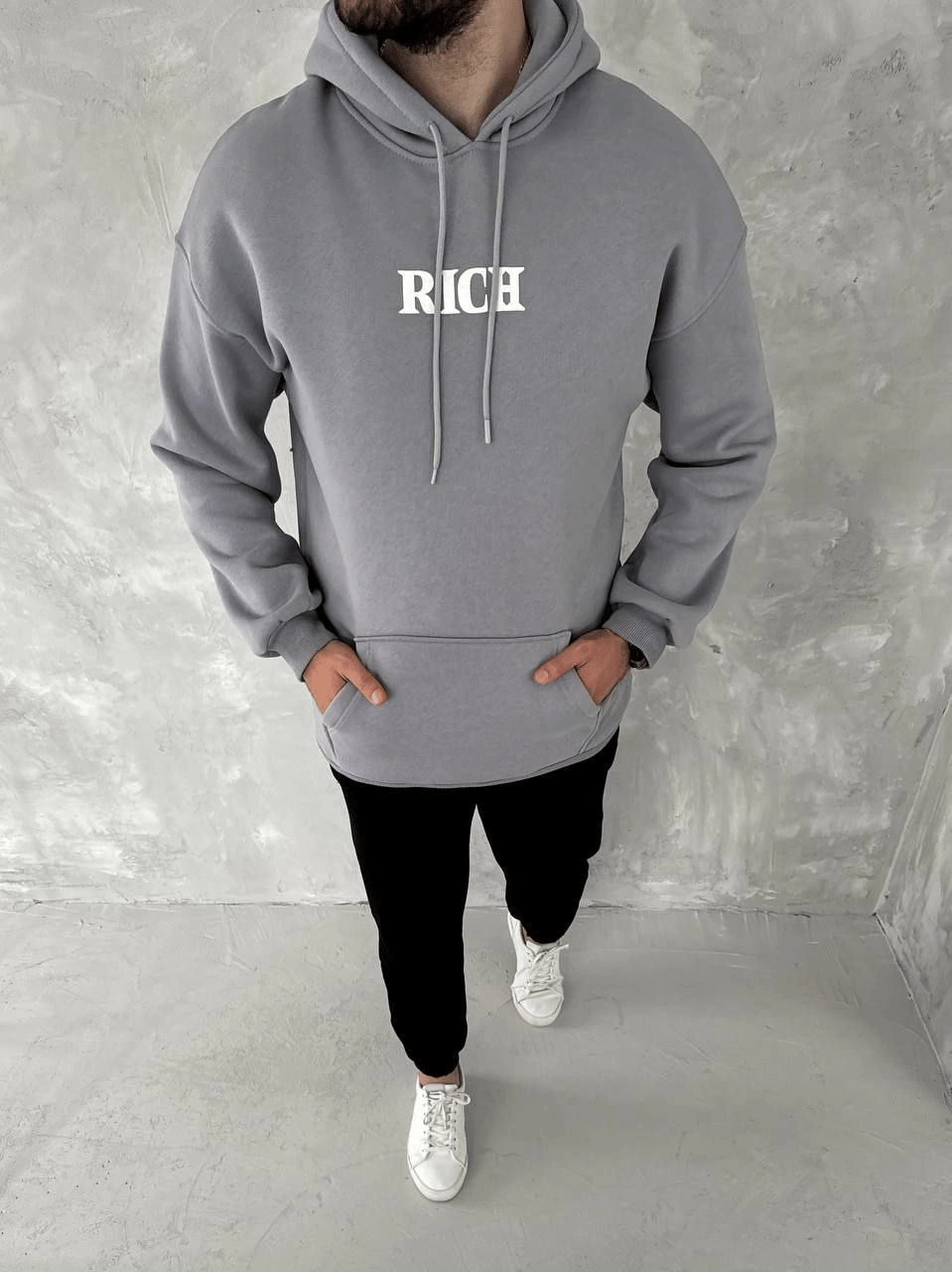 Erkek 3 İplik Pamuklu Kapüşonlu Kanguru Cepli Baskılı Oversize Hoodie Sweatshirt - Gri