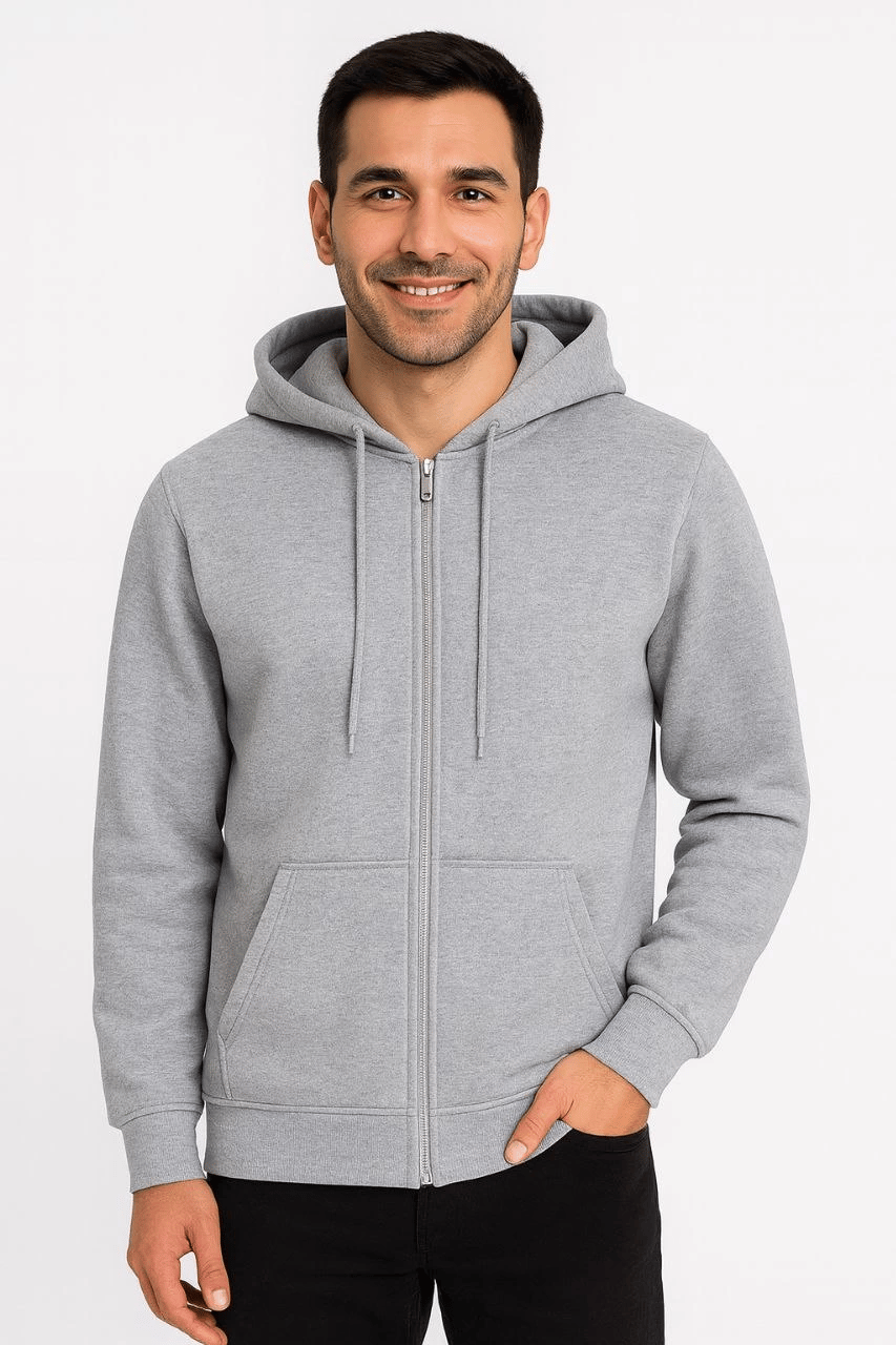 Erkek 3 İplik Pamuklu Kapüşonlu Tam Fermuarlı Cepli Hoodie Sweatshirt - Gri