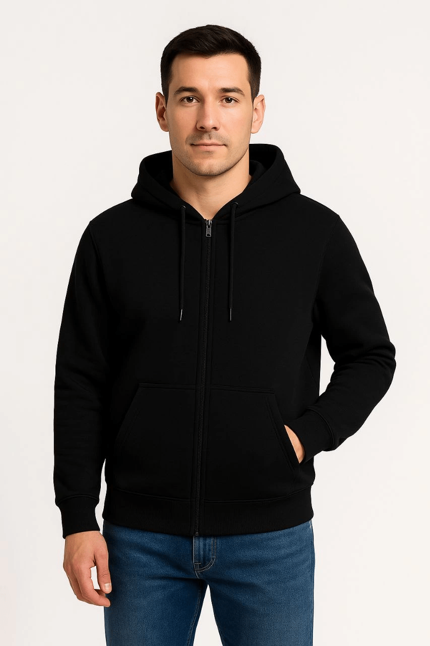 Erkek 3 İplik Pamuklu Kapüşonlu Tam Fermuarlı Cepli Hoodie Sweatshirt - Siyah