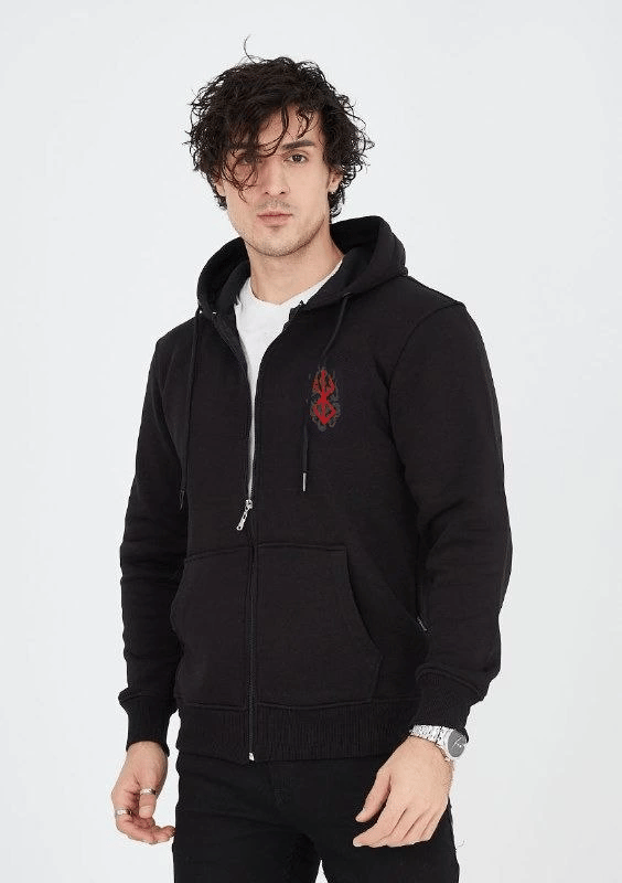 Erkek 3 İplik Pamuklu Kapüşonlu Tam Fermuarlı Cepli Hoodie Sweatshirt - Siyah
