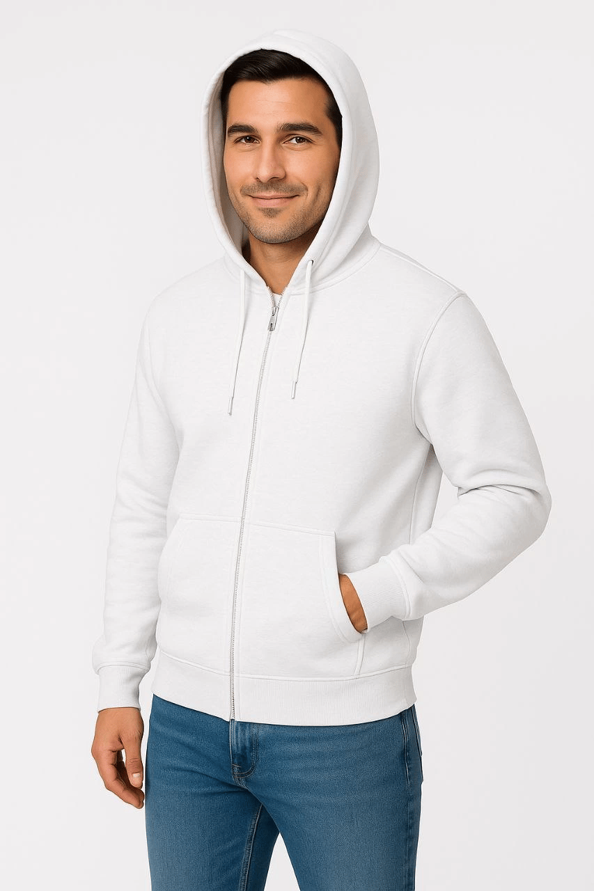 Erkek 3 İplik Pamuklu Kapüşonlu Tam Fermuarlı Cepli Hoodie Sweatshirt - Beyaz