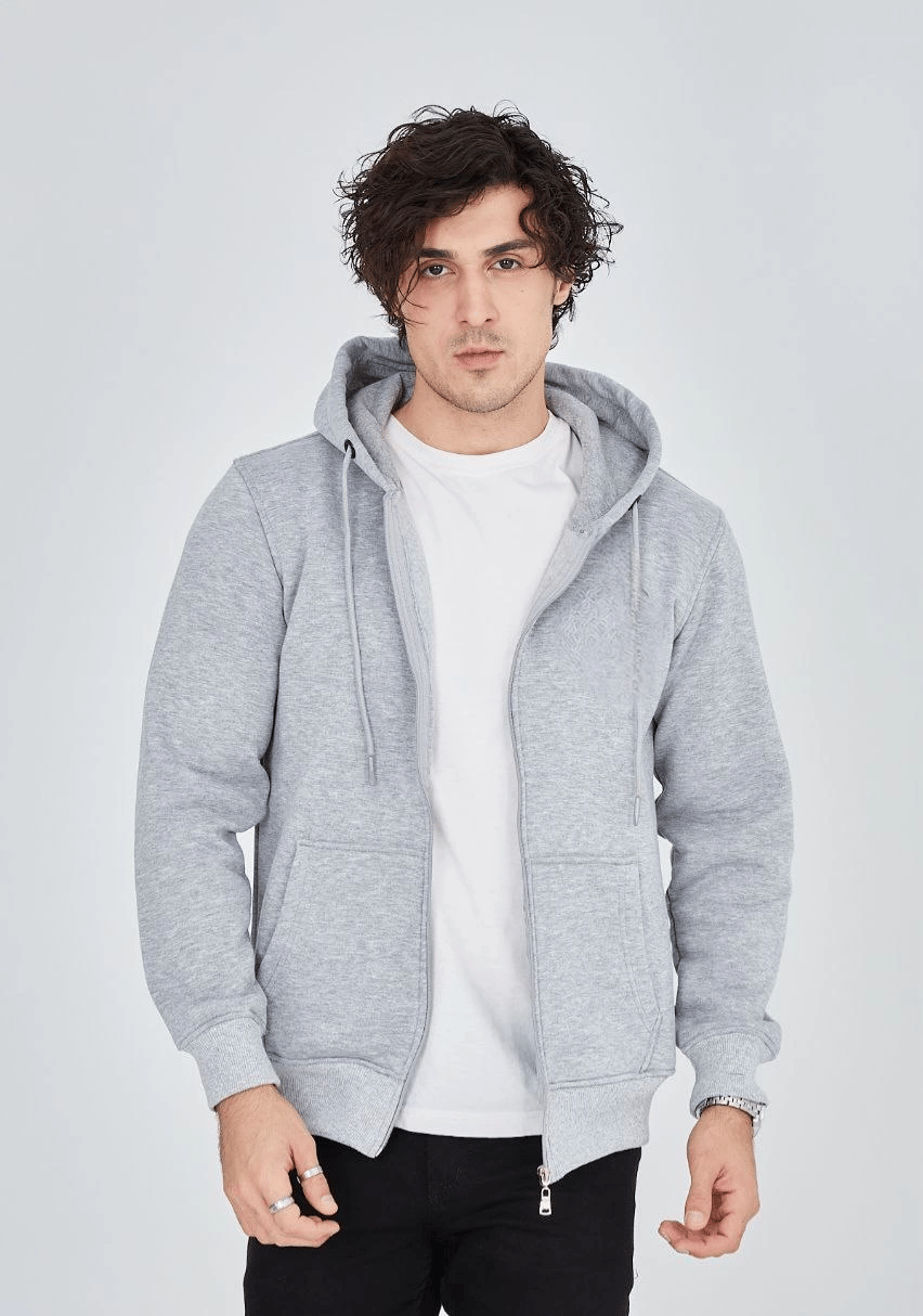 Erkek 3 İplik Pamuklu Kapüşonlu Tam Fermuarlı Cepli Hoodie Sweatshirt - Gri