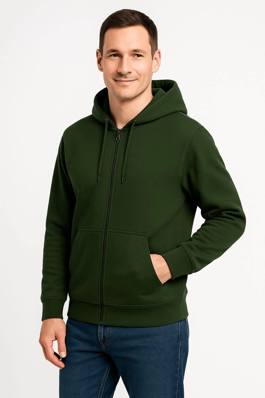 Erkek 3 İplik Pamuklu Kapüşonlu Tam Fermuarlı Cepli Hoodie Sweatshirt - Haki
