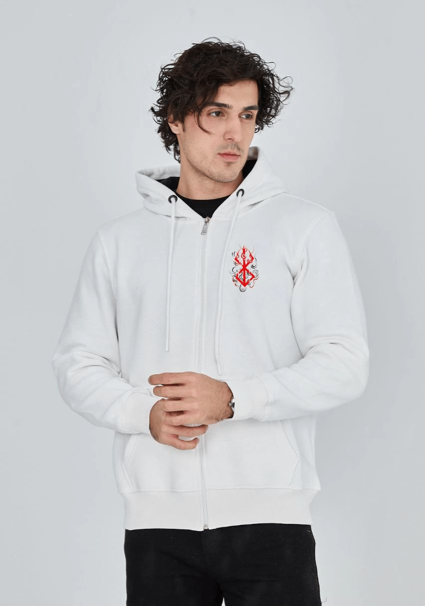 Erkek 3 İplik Pamuklu Kapüşonlu Tam Fermuarlı Cepli Hoodie Sweatshirt - Beyaz