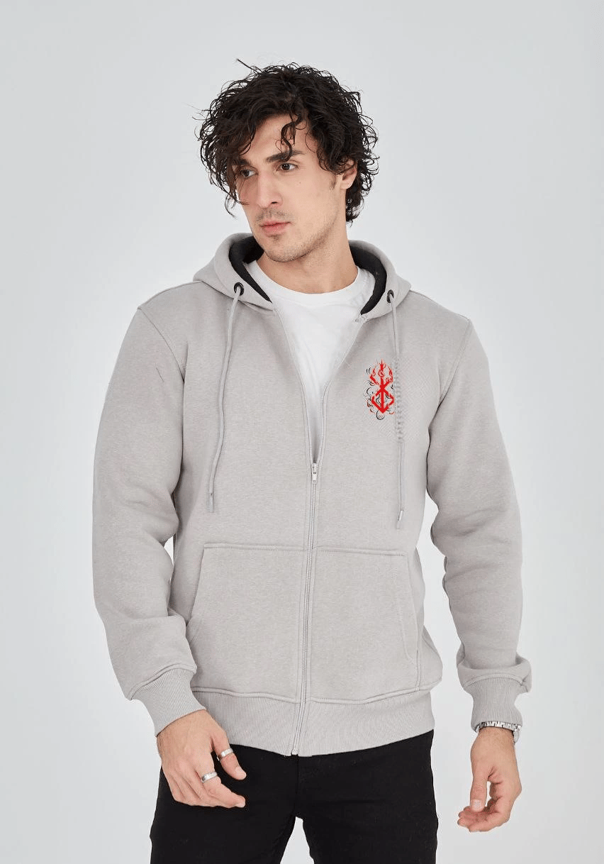 Erkek 3 İplik Pamuklu Kapüşonlu Tam Fermuarlı Cepli Hoodie Sweatshirt - Boyalı Gri