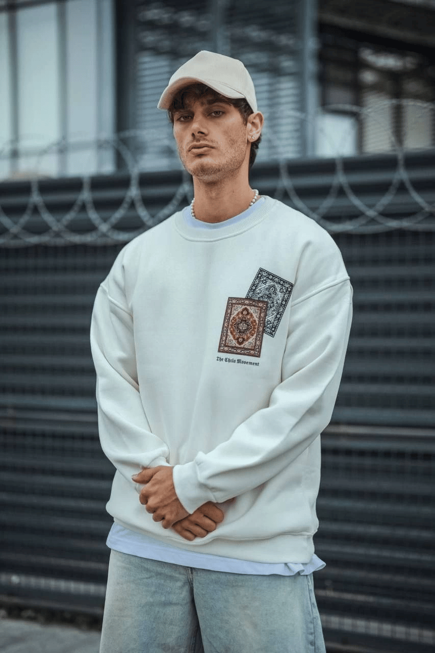 Erkek 3 iplik pamuklu Bisiklet Yaka Baskılı SweatShirt - Beyaz