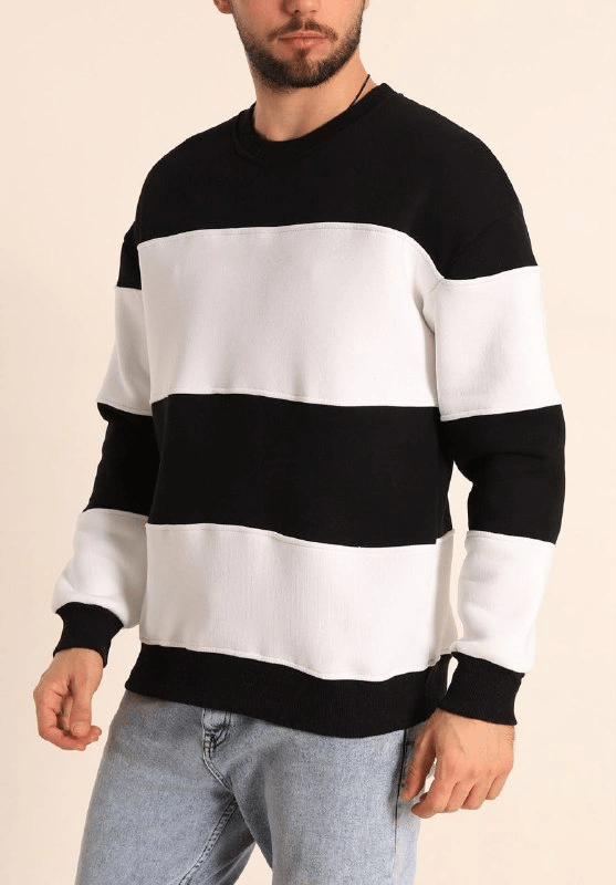 Erkek 3 iplik pamuklu Parçalı Bisiklet Yaka SweatShirt - Siyah