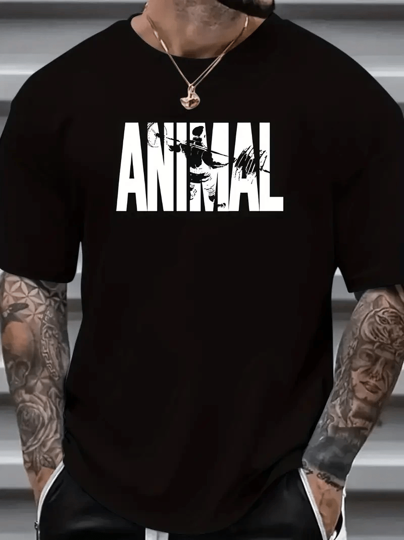 Erkek ANIMAL Baskılı Tişört Bisiklet YakaYazlık T-shirt - Siyah