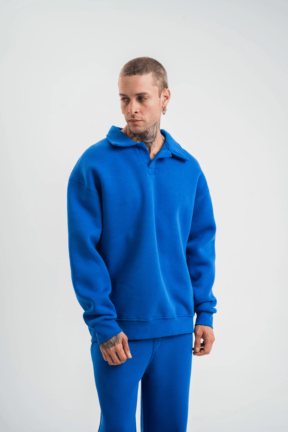 Erkek Açık Yakalı Oversize 3 İplik Pamuklu Sweatshirt - Mavii