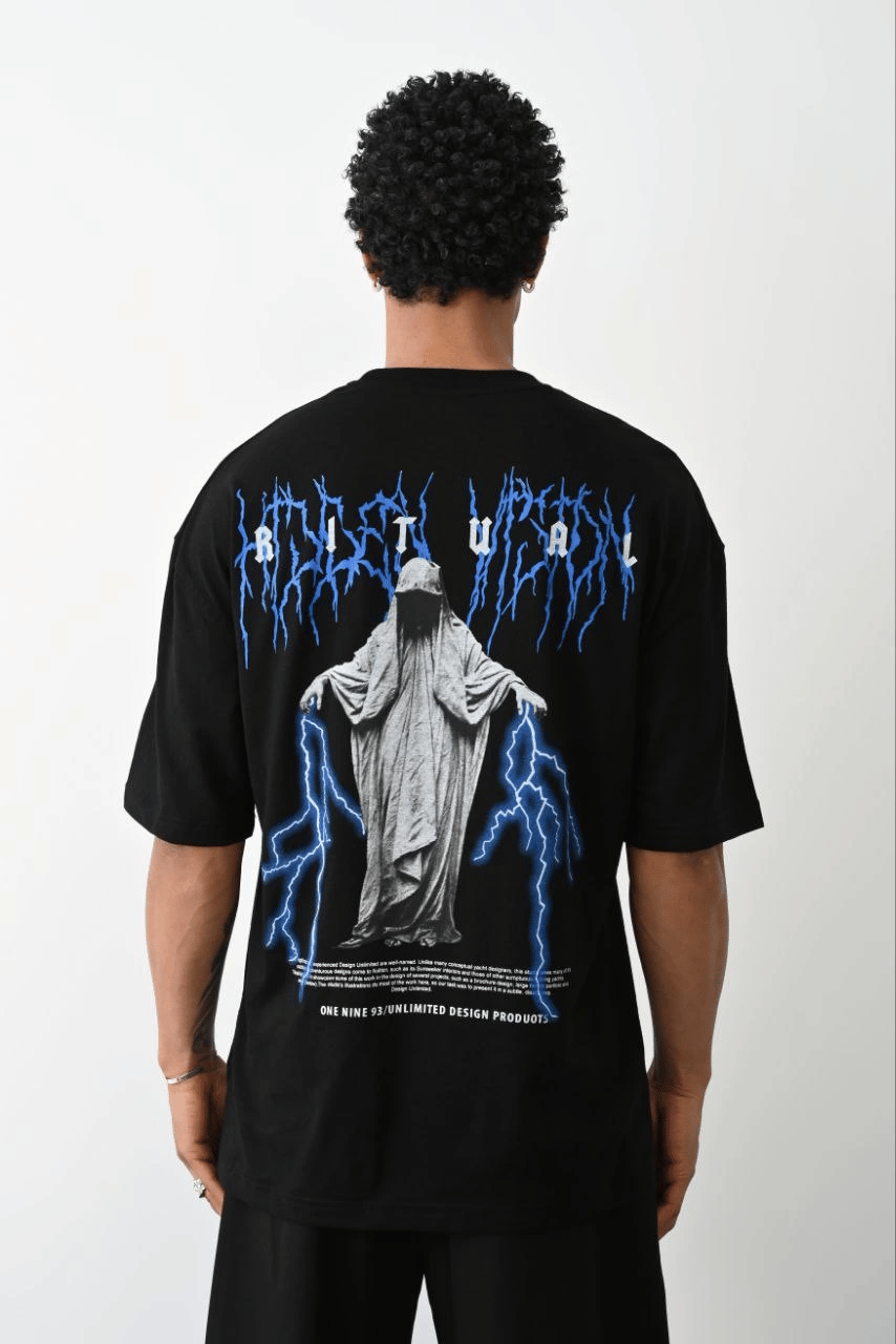 Erkek Baskılı Oversize  Kısa kol T-Shirt - Siyah
