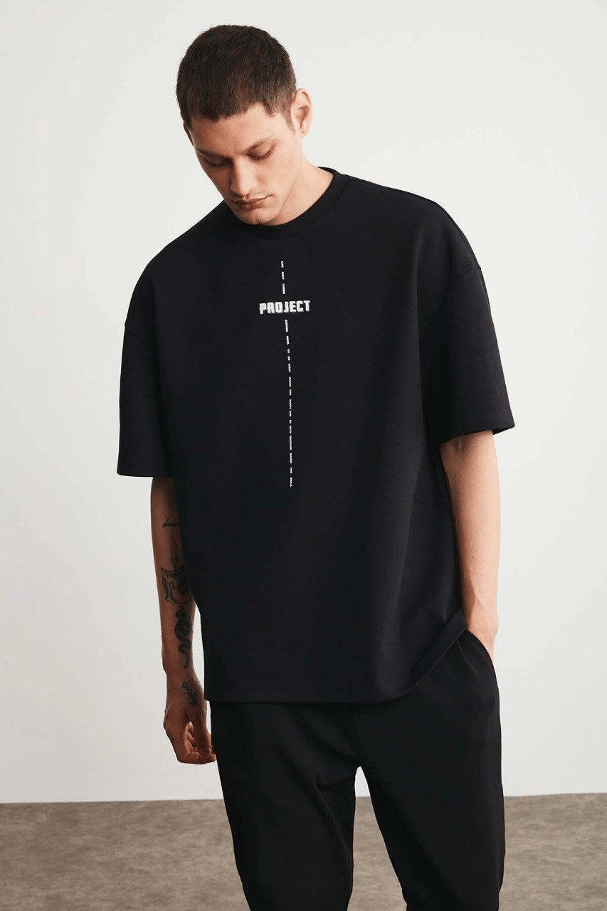 Erkek Baskılı T-Shirt Kısa Kol Bisiklet Yaka Regular Fit Rahat Kalıp Tişört - Siyah