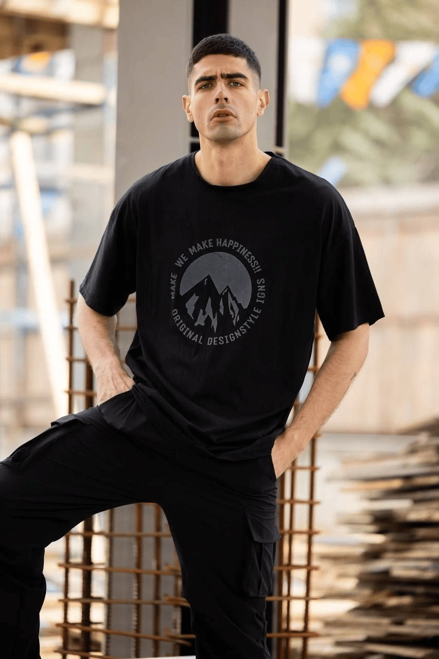 Erkek Baskılı T-Shirt Kısa Kol Bisiklet Yaka Regular Fit Rahat Kalıp Günlük Tişört - Siyah