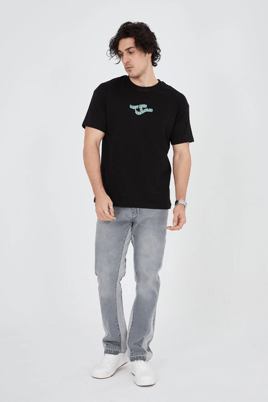 Erkek Baskılı T-Shirt Kısa Kol Bisiklet Yaka Regular Fit Rahat Kalıp Günlük Tişört - Siyah