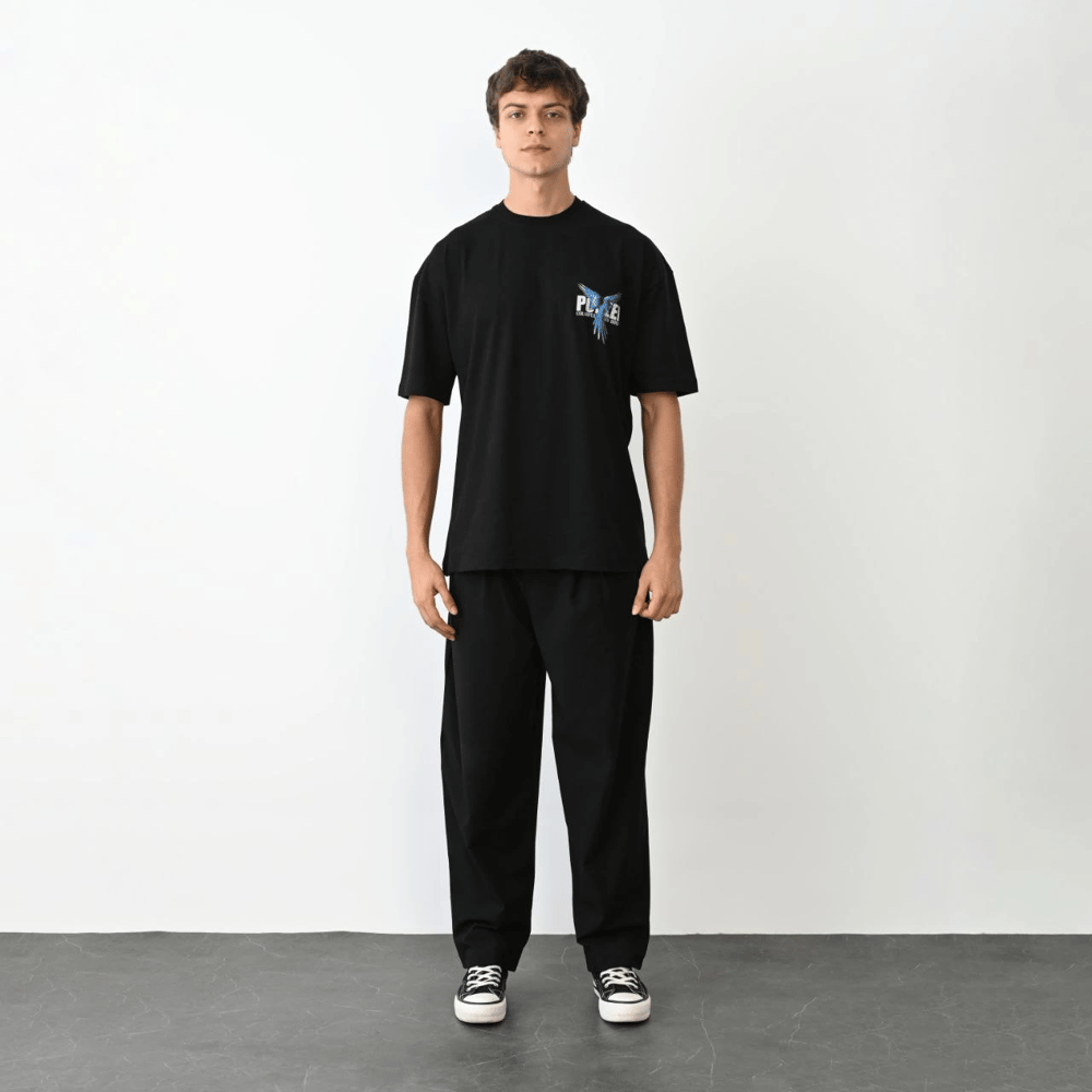 Erkek Baskılı T-Shirt Kısa Kol Bisiklet Yaka Regular Fit Rahat Kalıp Günlük Tişört - Siyah
