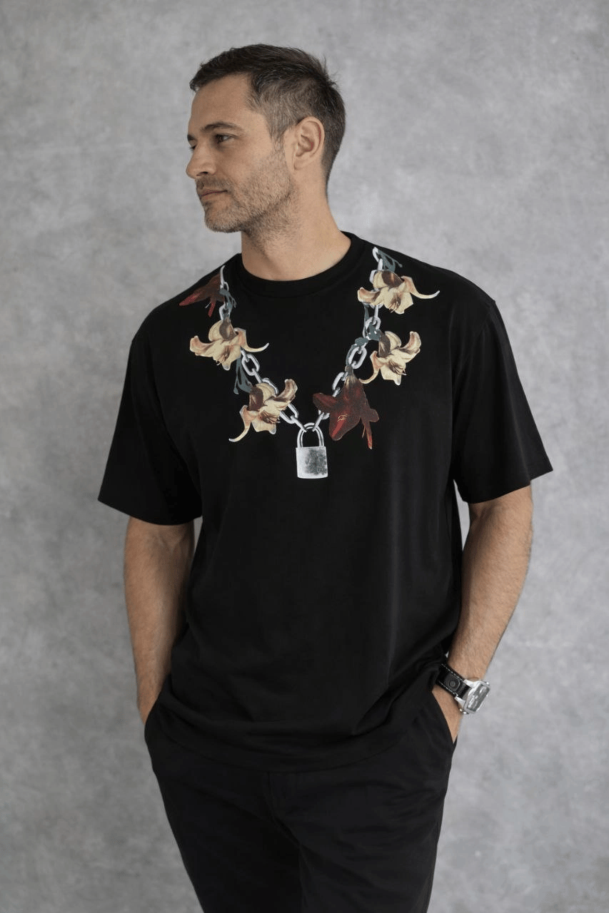 Erkek Baskılı T-Shirt Kısa Kol Bisiklet Yaka Regular Fit Rahat Tişört - Siyah