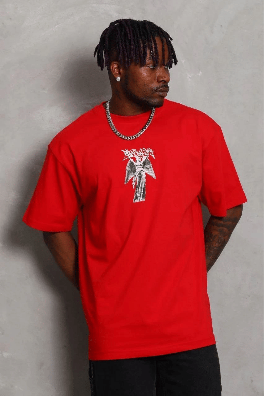 Erkek Baskılı T-Shirt Kısa Kol Bisiklet Yaka Regular Fit Tişört - Kırmızı