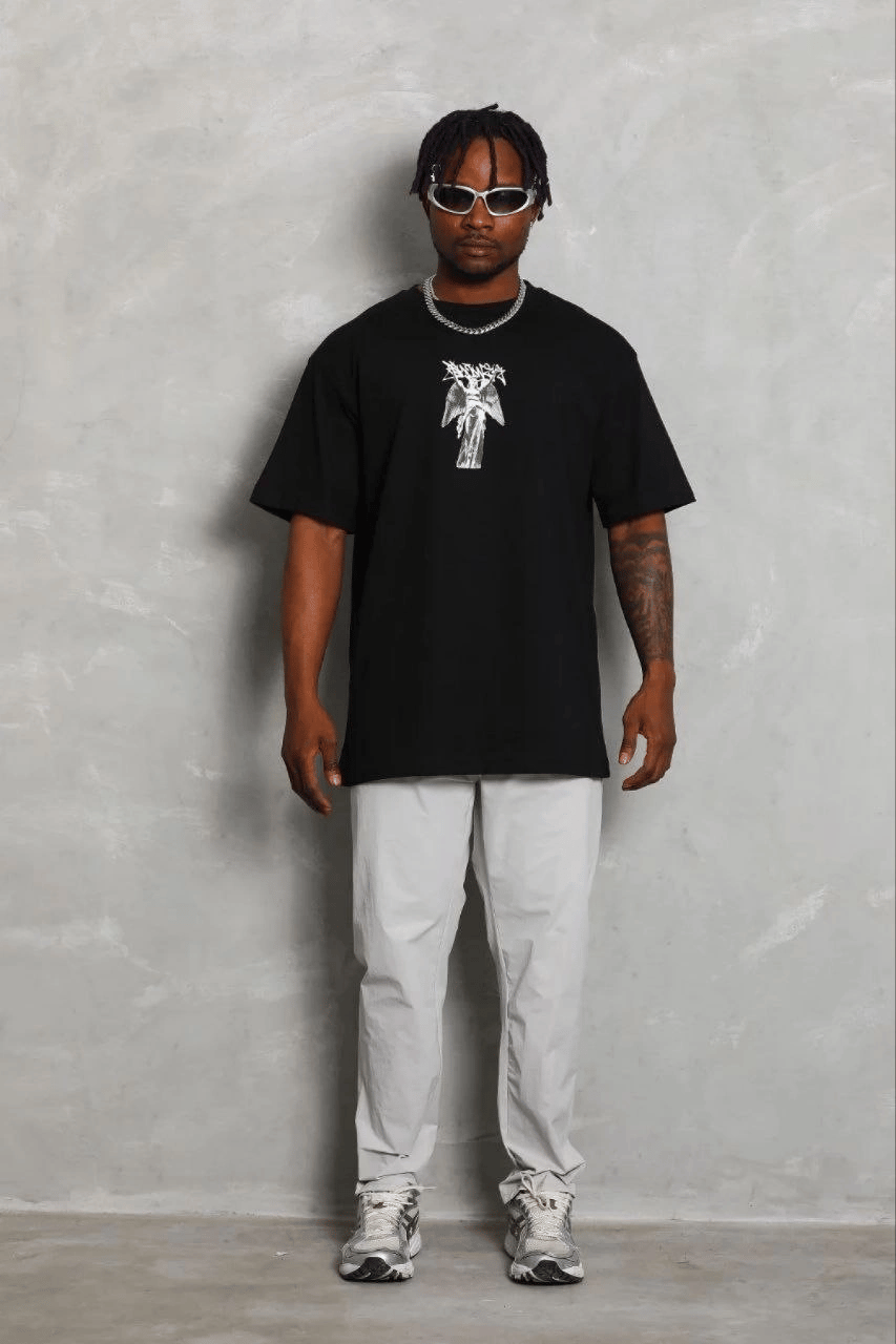 Erkek Baskılı T-Shirt Kısa Kol Bisiklet Yaka Regular Fit Tişört - Siyah