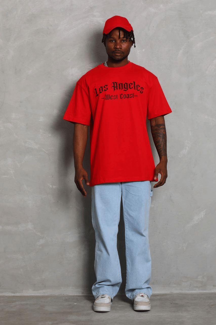 Erkek Baskılı Tişört Kısa Kol Bisiklet Yaka Oversize T-Shirt - Kırmızı