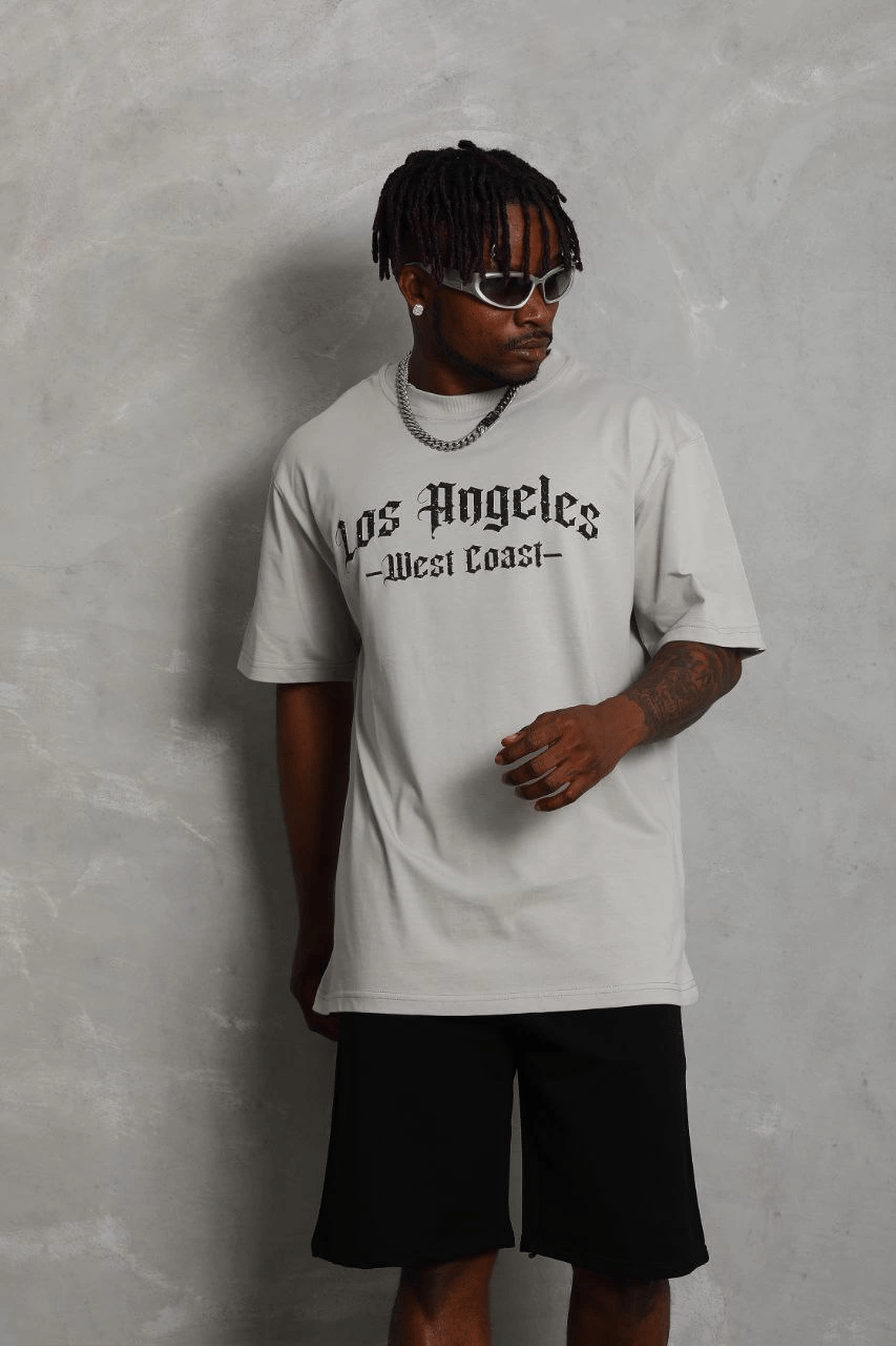 Erkek Baskılı Tişört Kısa Kol Bisiklet Yaka Oversize T-Shirt - Gri