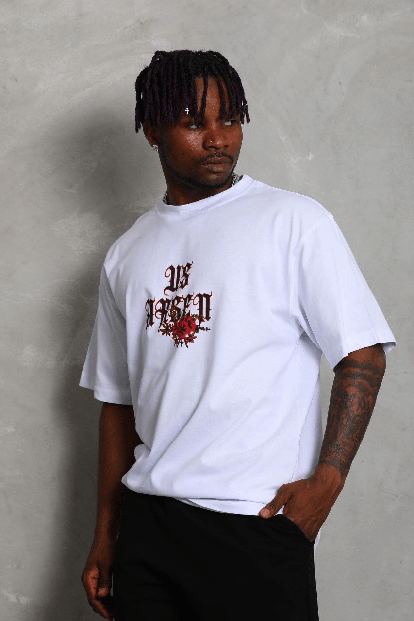 Erkek Baskılı Tişört Kısa Kol Bisiklet Yaka Oversize T-Shirt - Beyaz