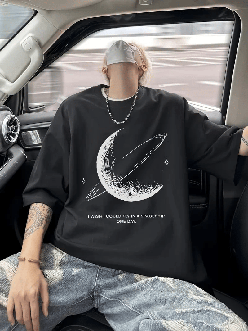 Erkek Baskılı Tişört Kısa Kol Bisiklet Yaka Oversize T-Shirt - - Siyah