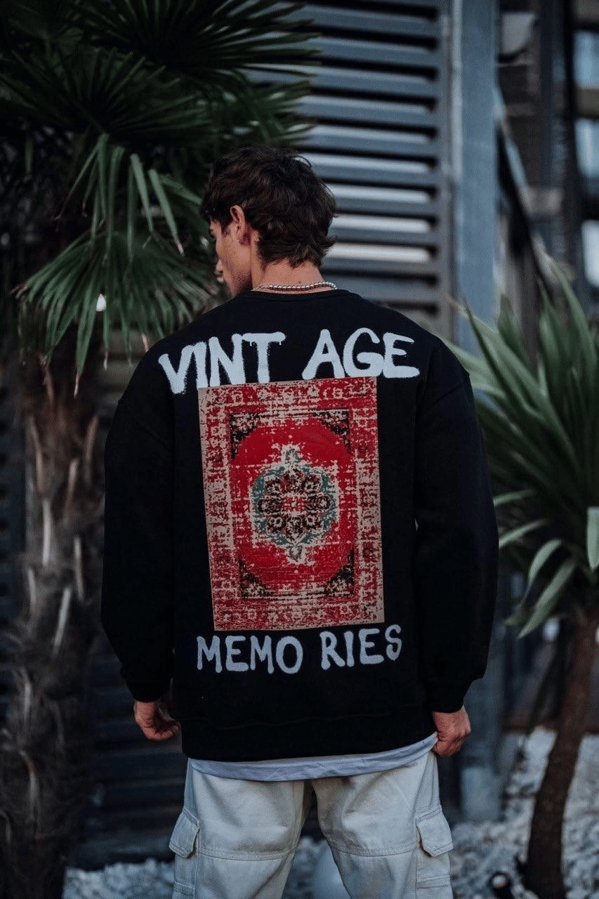 Erkek Bisiklet Yaka 3 İplik Pamuklu Baskılı SweatShirt - Siyah