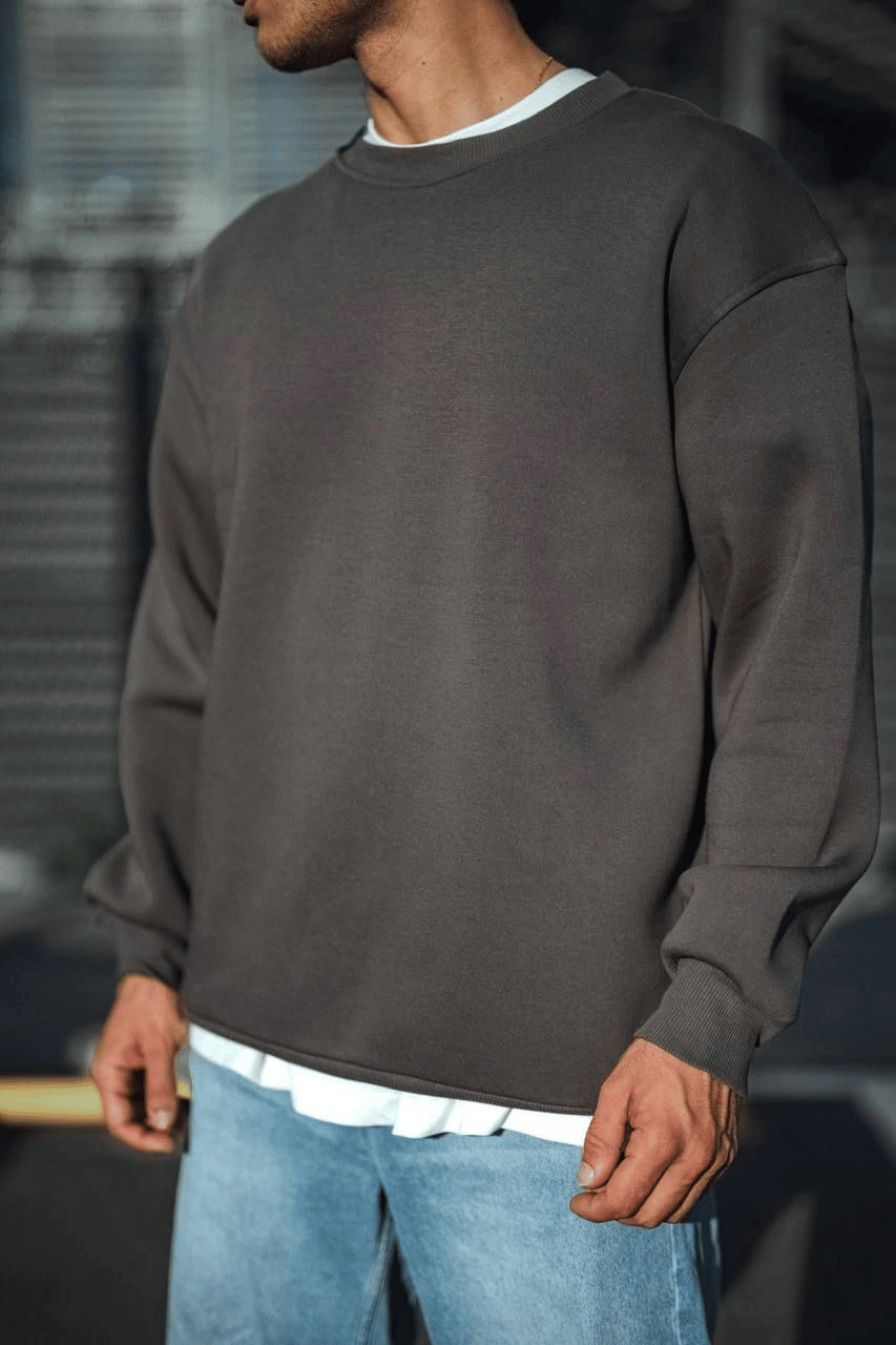Erkek Bisiklet Yaka 3 iplik Pamuklu Basic SweatShirt  - Antrasit