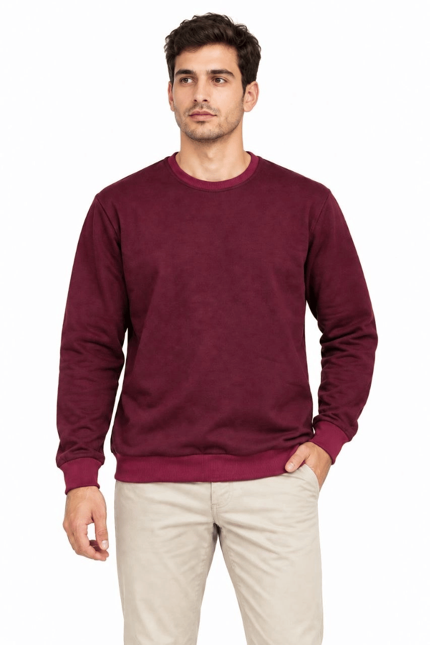 Erkek Bisiklet Yaka İçi Şardonlu 2 İplik Düz Uzun Kollu Regular Fit Sweatshirt -Bordo