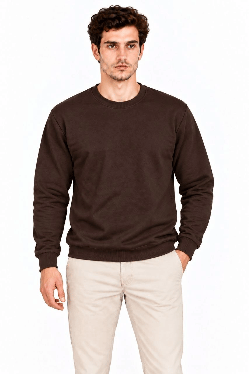 Erkek Bisiklet Yaka İçi Şardonlu 2 İplik Düz Uzun Kollu Regular Fit Sweatshirt - Kahverengi