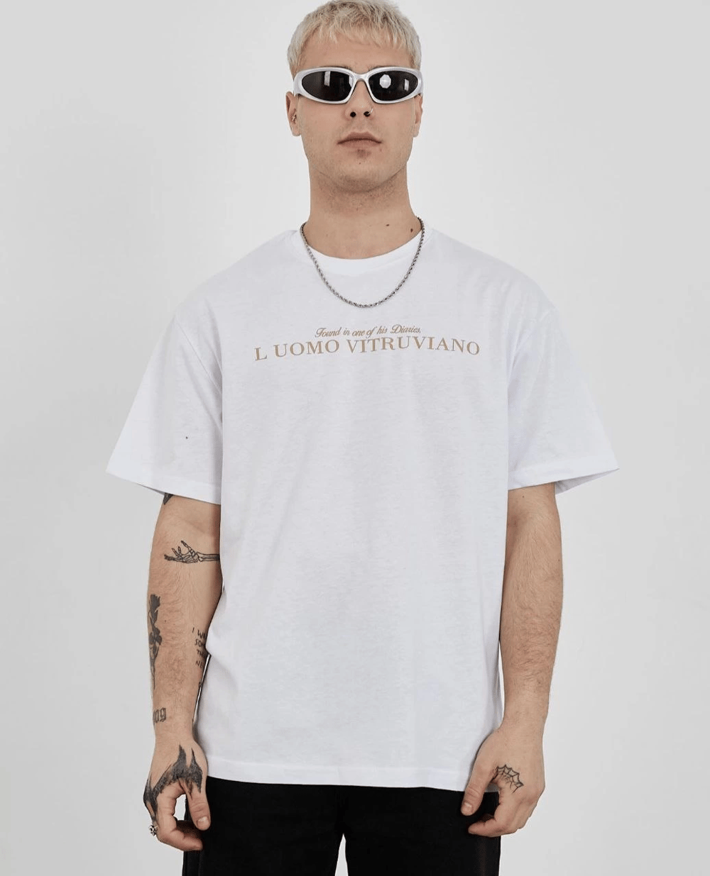 Erkek Bisiklet Yaka Tişort Baskılı Oversize kısa kol T-Shirt - Beyaz