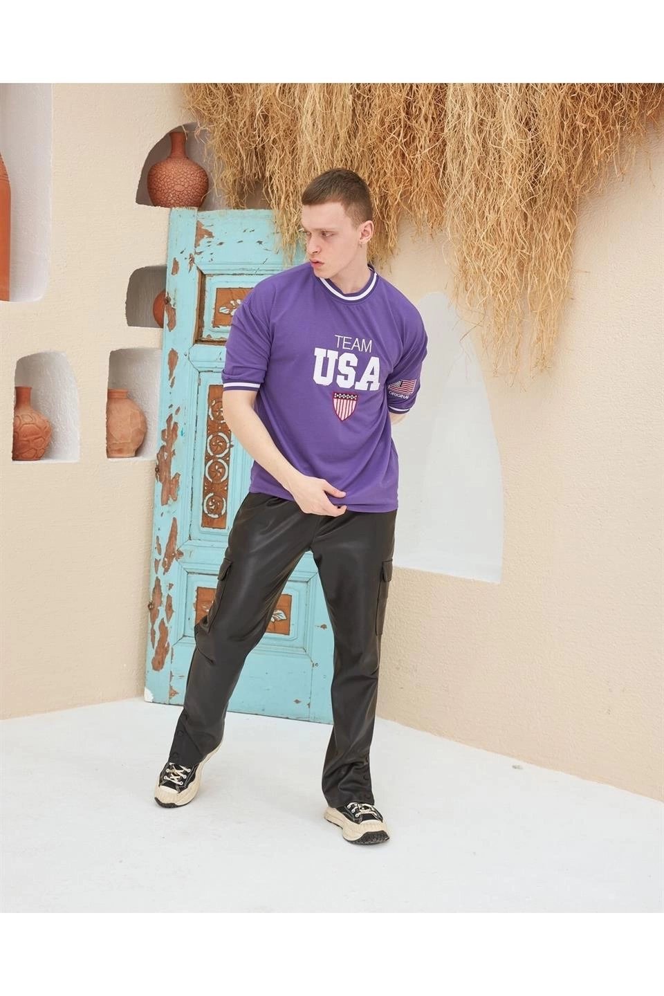 Erkek Bisiklet Yaka Tişört Nakış İşlemeli Kısa Kol Oversize T-Shirt - Mor