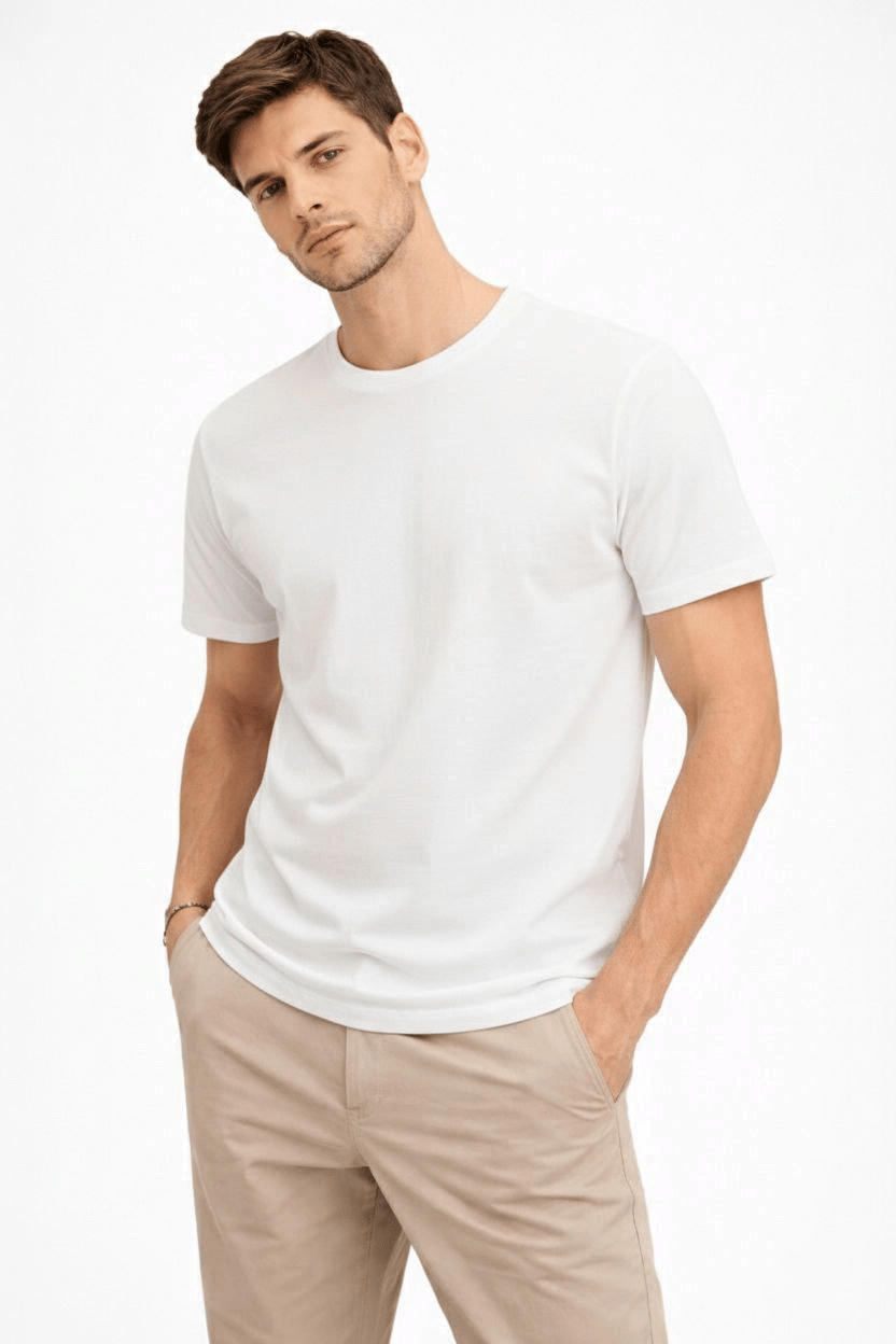 Erkek Bisiklet Yaka Yazlık Kısa kol Düz Tişört Regular Kalıp T-shirt - Beyaz